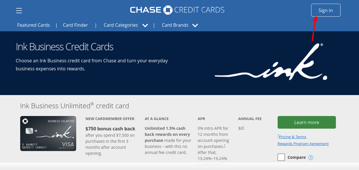 getchaseink credit card login