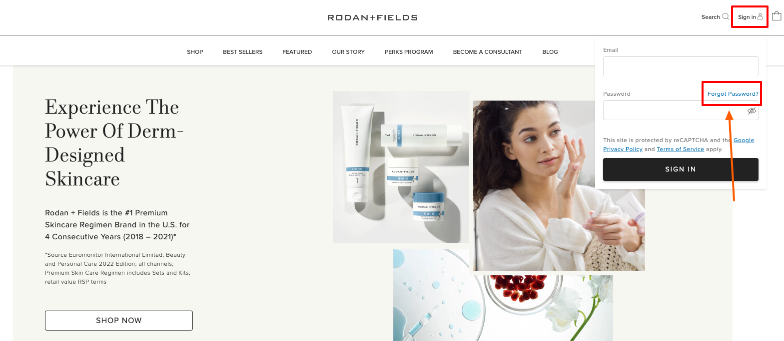 rodan and fields forgot password page